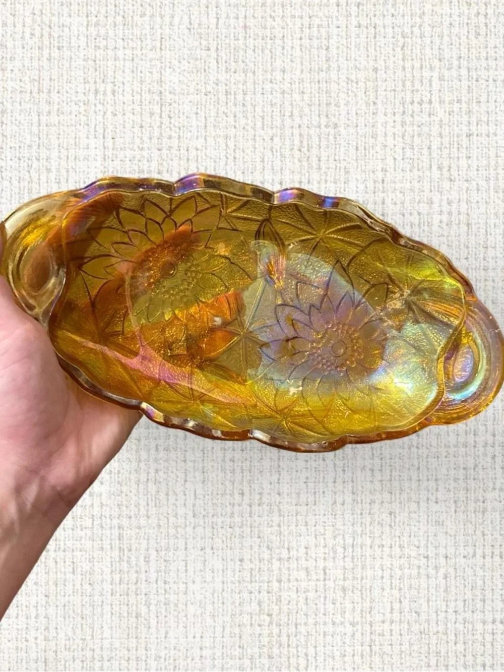 Indiana Glass Company marigold/amber carnival glass oval relish dishes